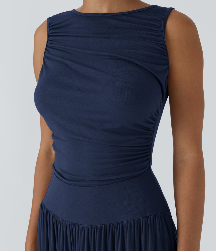 Ribbed Boat Neck Asymmetric Strap Ruched Pocket Flowy Maxi Casual Dress - Nightfall Blue