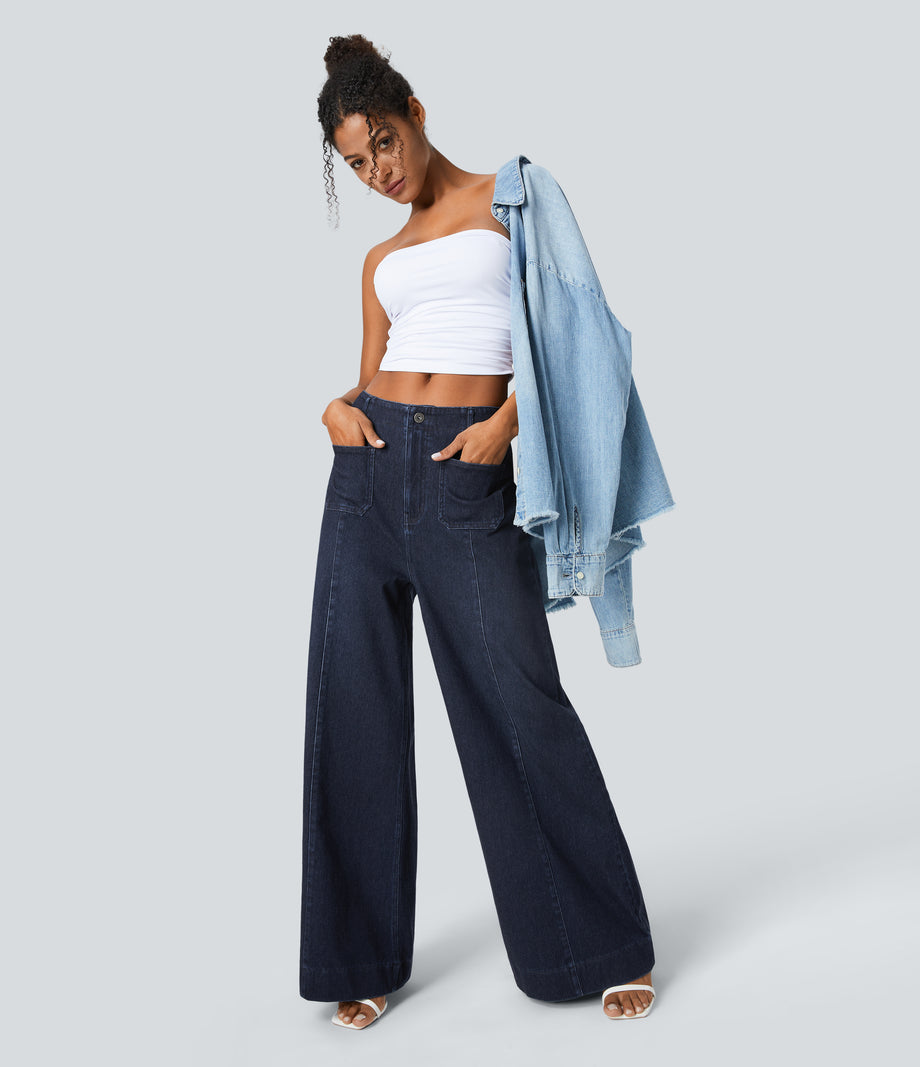 Halara Flex™ High Waisted Pockets Washed Casual Wide Leg Jeans - Deep Blue Water Denim