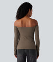 Ribbed Knit Off Shoulder Long Sleeve 2-in-1 Casual Top - Shitake