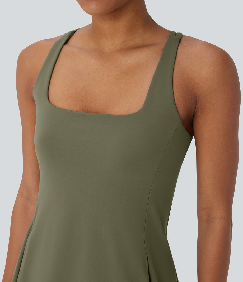 SoftlyZero™ Plush Cut Out Pocket 2-Piece Mini Yoga Active Dress - Grass Grey Green