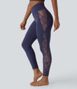SoftlyZero™ High Waisted Crossover Contrast Lace Pocket Yoga Leggings-UPF50+ - Peacoat
