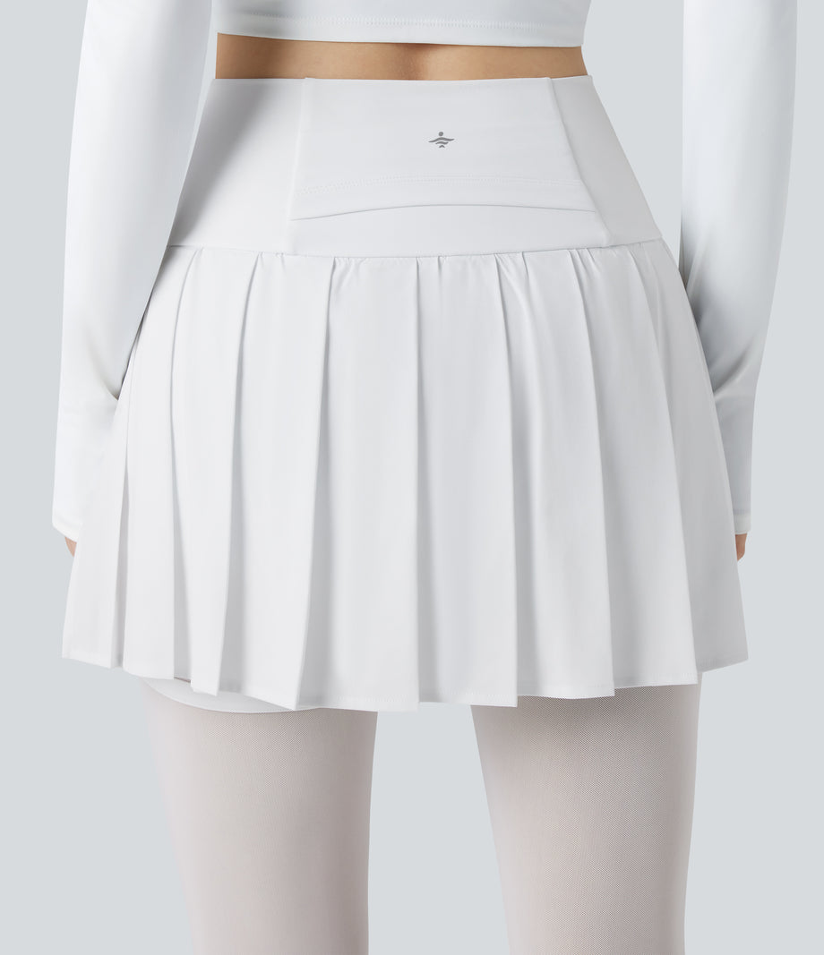 Breezeful™ High Waisted Pleated 2-in-1 Contrast Mesh Quick Dry Dance Stirrup Skirted Leggings with Pockets - White