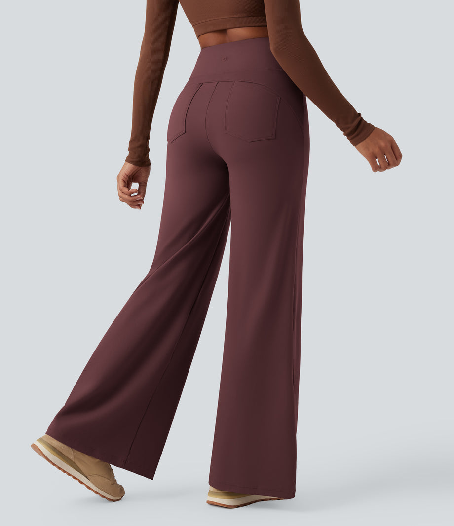 DayStretch High Waisted Tummy Control Wide Leg Baggy Yoga Pants with Pockets - Red Mahogany