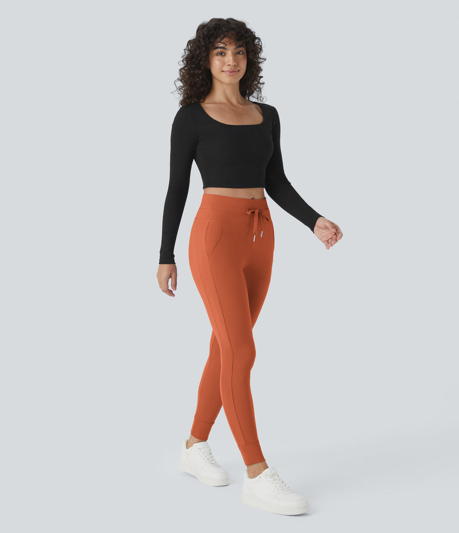 SoftlyZero™ Plush High Waisted Drawstring Pocket Plain Full Length Joggers - Orange Rust
