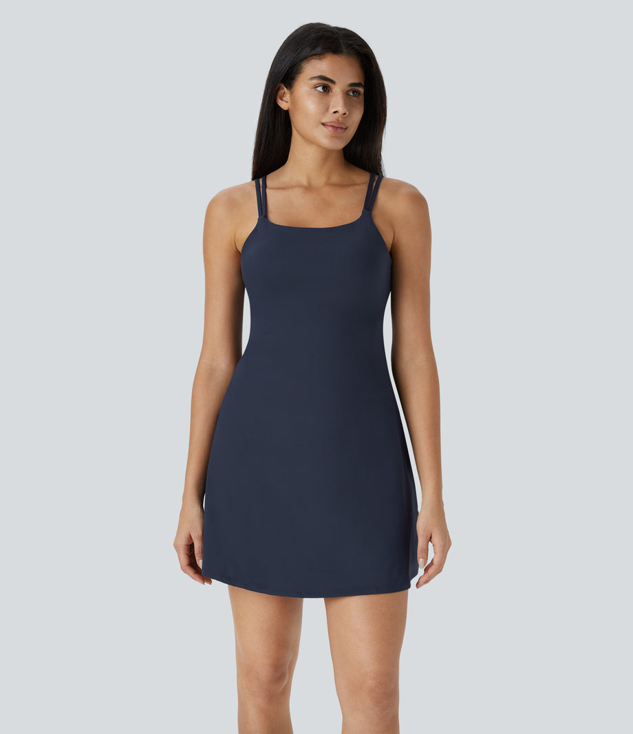 SoftlyZero™ Plush Double Straps 2-Piece Pocket Slip Dance Active Dress A-D Cups - Peacoat