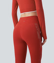 SoftlyZero™ High Waisted Crossover Contrast Lace Pocket Yoga Leggings-UPF50+ - Valiant Poppy