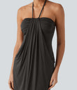 Halter Tie Back Mini Resort Dress with Pockets - Coffee Bean