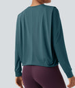 Round Neck Long Sleeve Ruched Yoga Sports Top-UPF50+ - Hydro