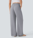 High Waisted Drawstring Pocket Wide Leg Baggy Casual Linen-Feel Pants - Steel Gray