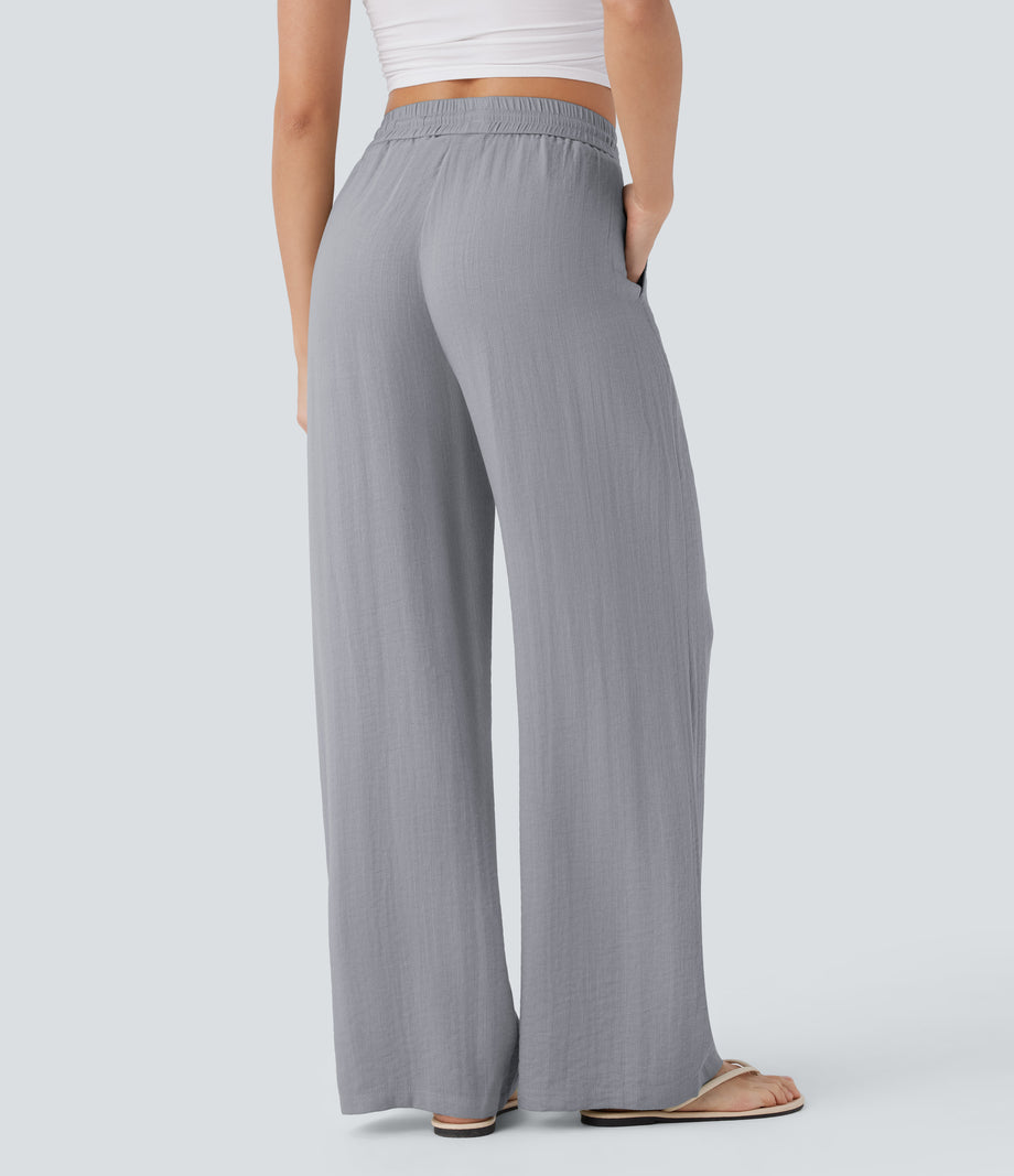 High Waisted Drawstring Pocket Wide Leg Baggy Casual Linen-Feel Pants - Steel Gray
