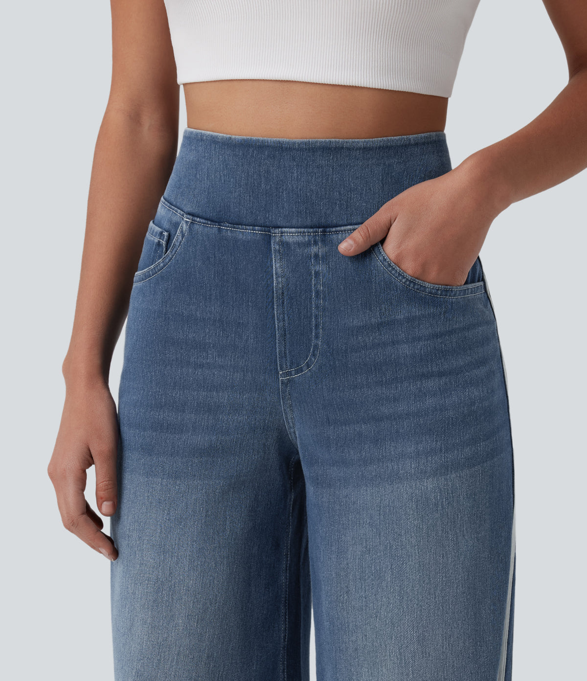 Halara Flex™ High Waisted Stripe Wide Leg Flowy Washed Casual Jeans with Pockets - Tide Blue Denim