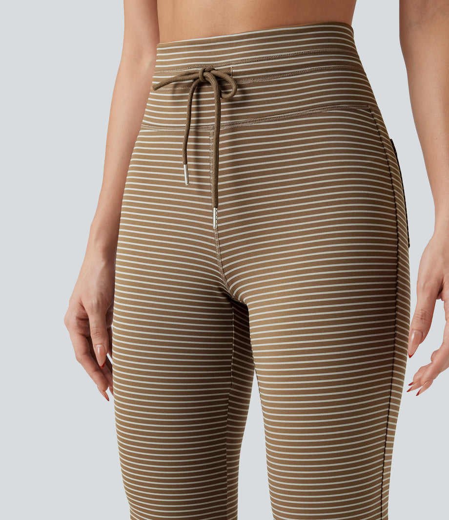 High Waisted Drawstring Stripe Flare Yoga Pants with Pockets - Cedar Brown