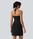 Halter Tie Back Mini Resort Dress with Pockets - Black
