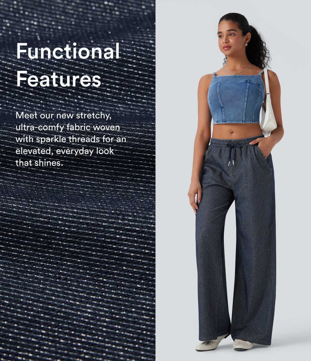 Halara Flex™ Low Rise Drawstring Wide Leg Sparkle Casual Sweatpants Jeans with Pockets - Pageant Blue Denim