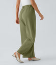 High Waisted Pocket Wide Leg Flowy Solid Palazzo Casual Linen-Feel Pants - Sphagnum