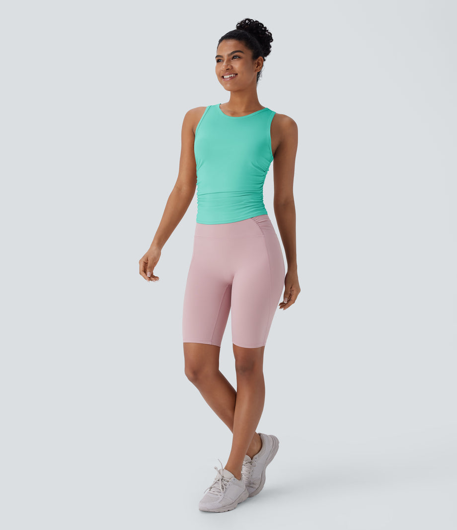 Round Neck Racerback Ruched Yoga Tank Top - Beveled Glass