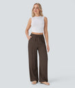 High Waisted Drawstring Pocket Wide Leg Baggy Casual Linen-Feel Pants - Chocolate Martini