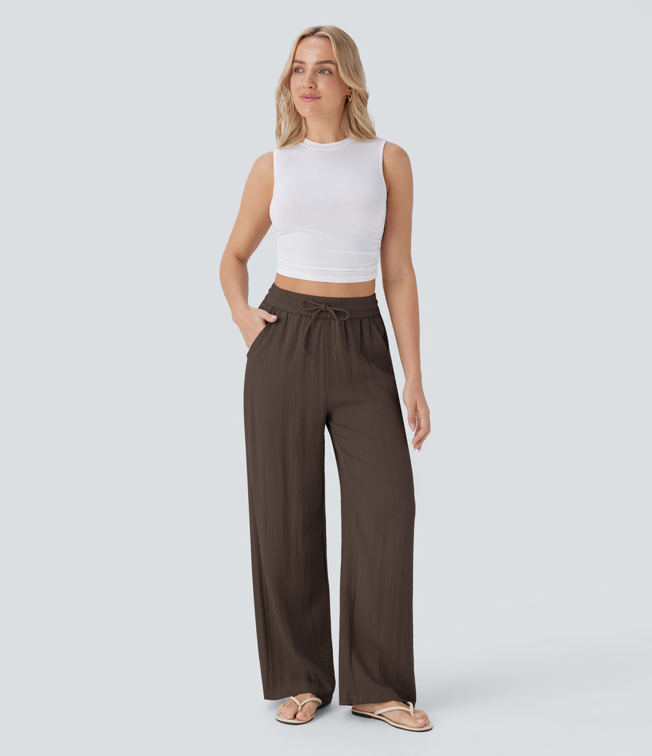 High Waisted Drawstring Pocket Wide Leg Baggy Casual Linen-Feel Pants - Chocolate Martini