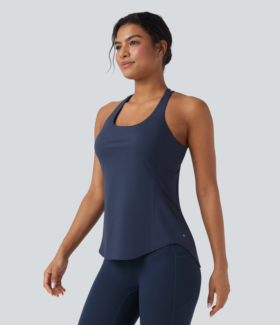 Halara UltraSculpt™ Round Neck Crisscross Back Running Tank Tops DD-F Cups - Mood Indigo
