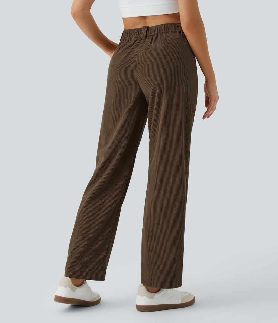Mid Rise Zipper Pocket Corduroy Casual Pants - Demitasse