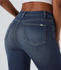 Halara Flex™ High Waisted Pockets Washed Casual Bootcut Jeans - Distressed Denim Dark Blue
