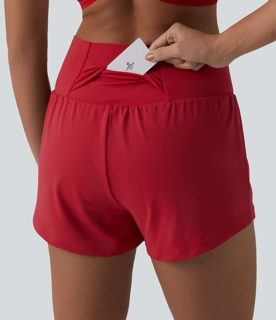 SoftlyZero™ Airy Crossover High Waisted 2-in-1 Cool Touch Yoga Shorts 3'' with Pockets - Salsa