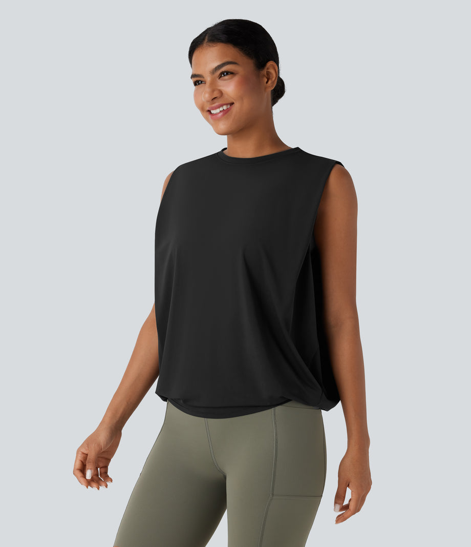 Round Neck Ruched Cool Touch Yoga Tank Top-UPF50+ - Black