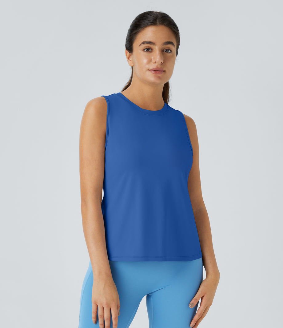 Cut Out Crossover Hem Solid Yoga Tank Top - Nebulas Blue