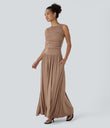 Ribbed Boat Neck Asymmetric Strap Ruched Pocket Flowy Maxi Casual Dress - Beaver Fur