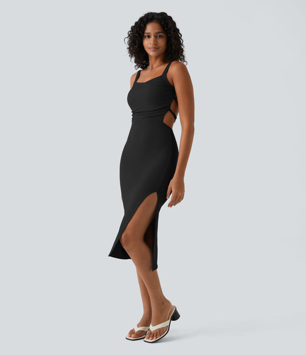 Ruched Lace Up Bodycon Midi Casual Dress - Black