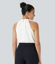 Keyhole Back Halter Sleeveless Curved Hem Work Blouse - Fish Belly White