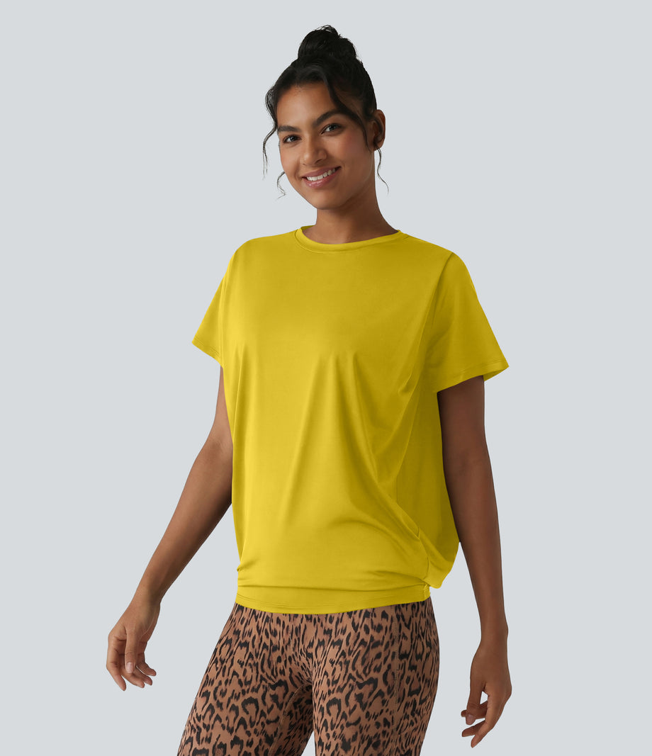 Round Neck Short Sleeve Ruched Cool Touch Yoga Sports Top-UPF50+ - Mango Mint
