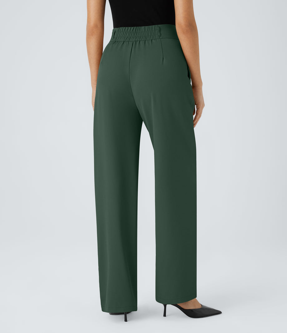 Halara Flex™ High Waisted Zipper Pocket Shirred Straight Leg Work Pants - Dark Green