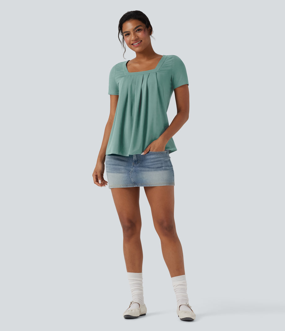 Square Neck Short Sleeve Casual Top - Azure