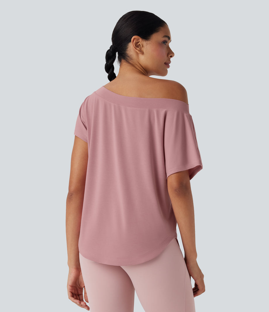 One Shoulder Short Sleeve Curved Hem High Low Quick Dry Yoga Sports Top - Soft Berry