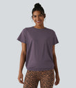 Round Neck Short Sleeve Ruched Cool Touch Yoga Sports Top-UPF50+ - Vintage Violet