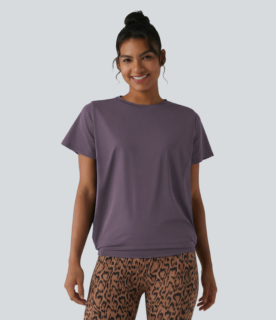 Round Neck Short Sleeve Ruched Cool Touch Yoga Sports Top-UPF50+ - Vintage Violet