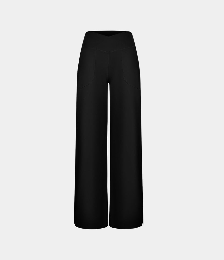 DayStretch Crossover Pocket Hem Wide Leg Yoga Pants-Smile - Black