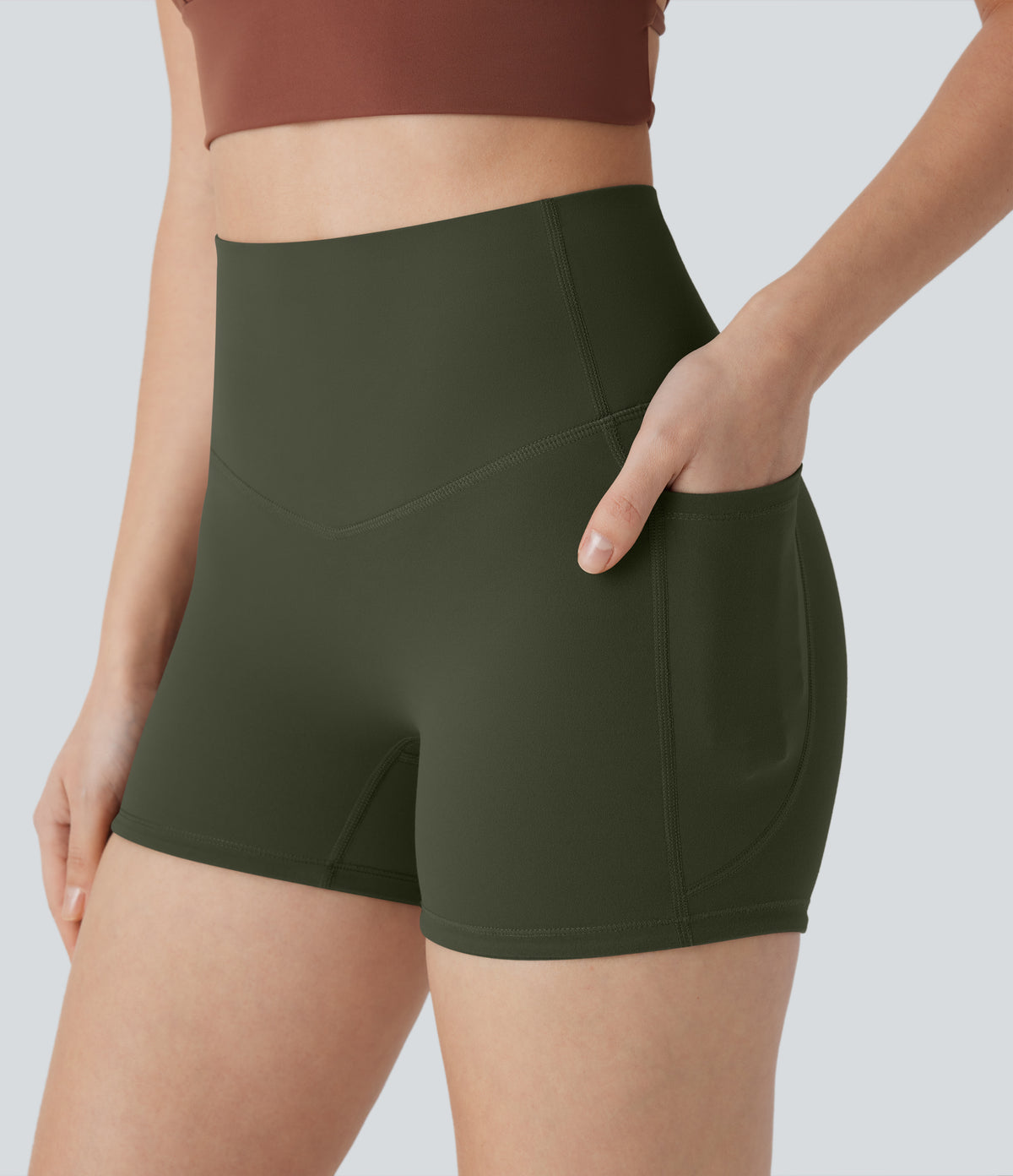 Halara UltraSculpt™ High Waisted Tummy Control Pocket Shaping Training Biker Shorts 3'' - Deep Woodland Green