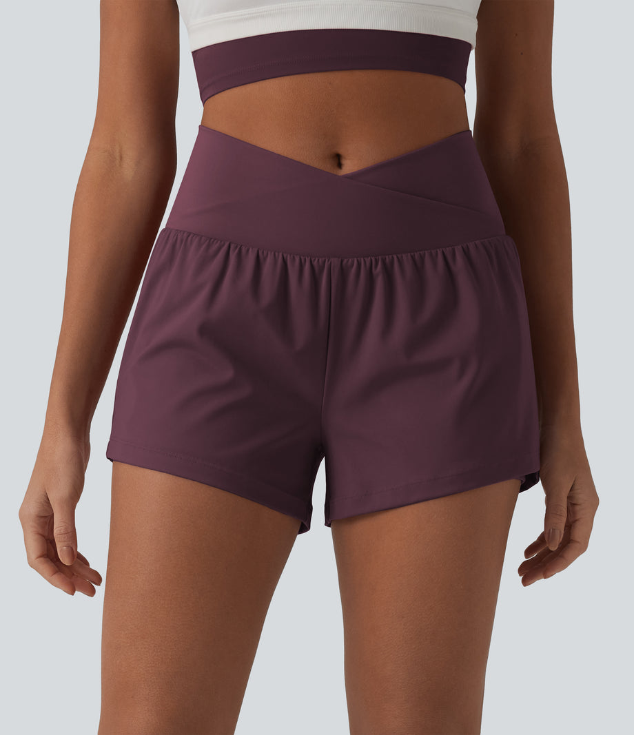 SoftlyZero™ Airy Crossover High Waisted 2-in-1 Cool Touch Yoga Shorts 3'' with Pockets - Fig