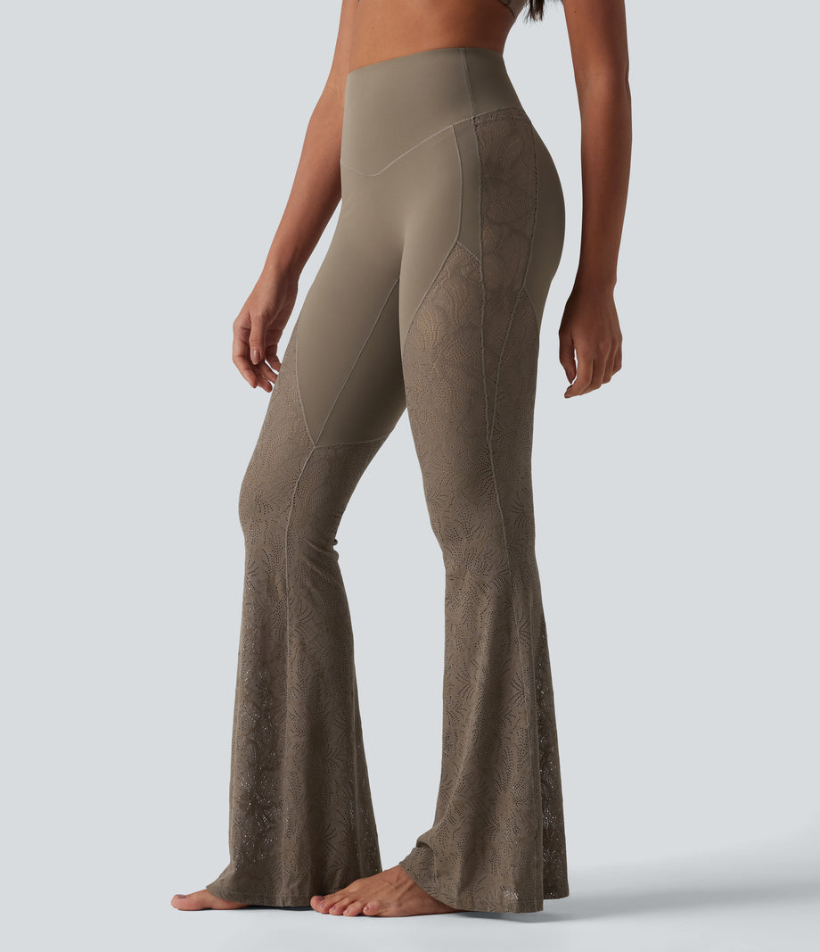 Halara UltraSculpt™ High Waisted Tummy Control Contrast Lace Yoga Flare Leggings with Pocket - Dawn Brown