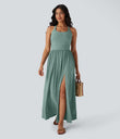 Twisted Backless Split Flowy Maxi Resort Dress with Pockets - Misty Pale Blue