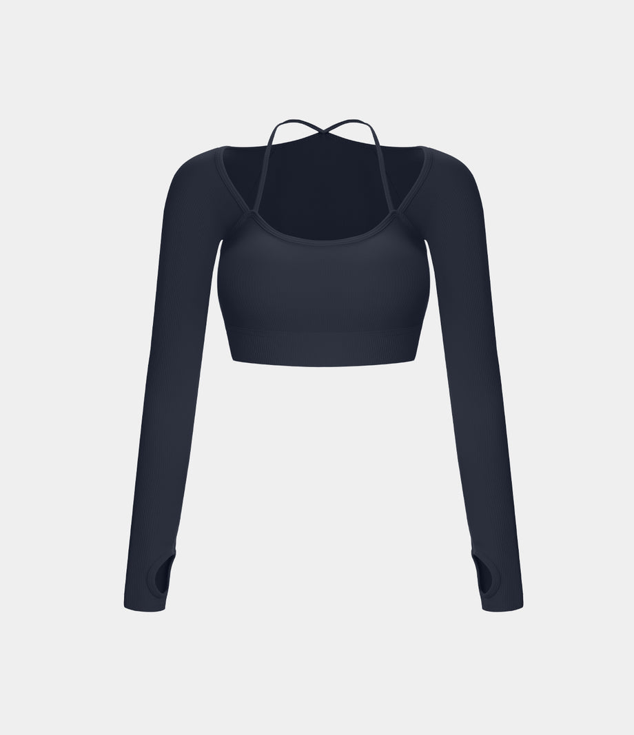Ribbed Halter Strap Thumb Hole Cropped Yoga Sports Top - Navy Blazer