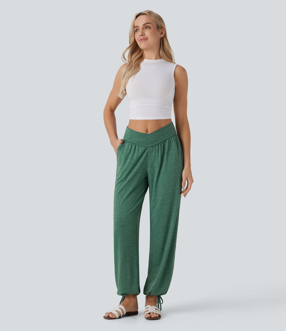 Crossover High Waisted Pocket Drawstring Casual Joggers - Emerald Floral Yarn