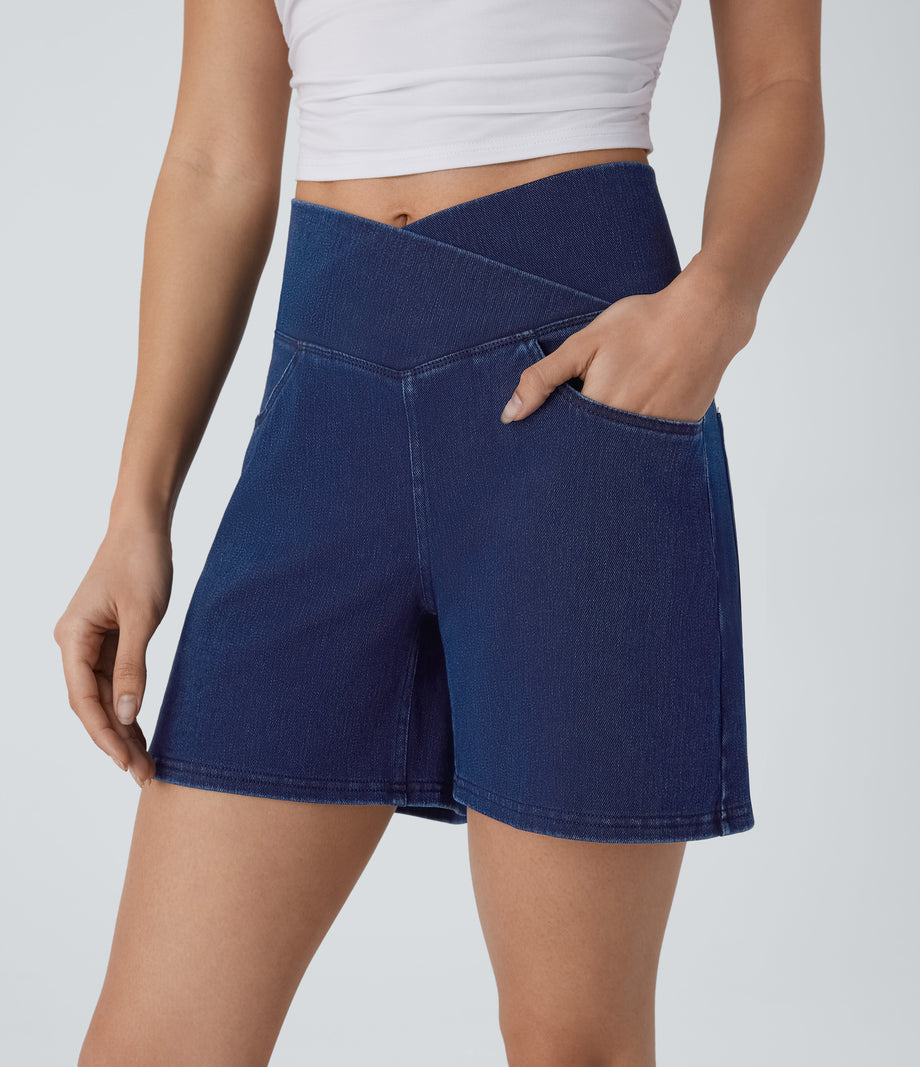Halara Flex™ Crossover High Waisted Pockets Wide Leg A Line Washed Denim Casual Shorts - Washed Denim Navy Blue