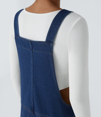 Halara Flex™ V Neck Pocket Washed Denim Casual Overalls - Serene Blue Denim