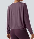 Round Neck Long Sleeve Ruched Yoga Sports Top-UPF50+ - Vintage Violet