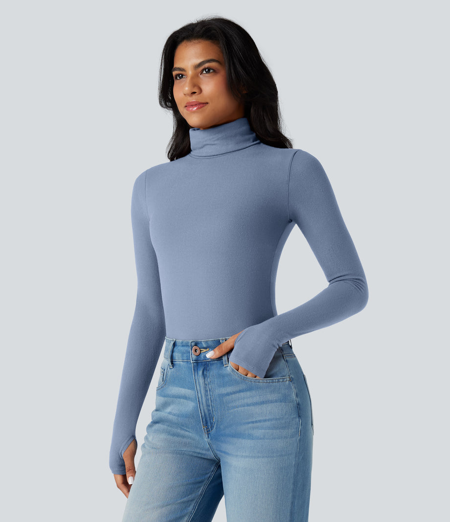 Halara HeatCore Turtleneck Long Sleeve Thumb Hole Casual Warming Top - Forever Blue