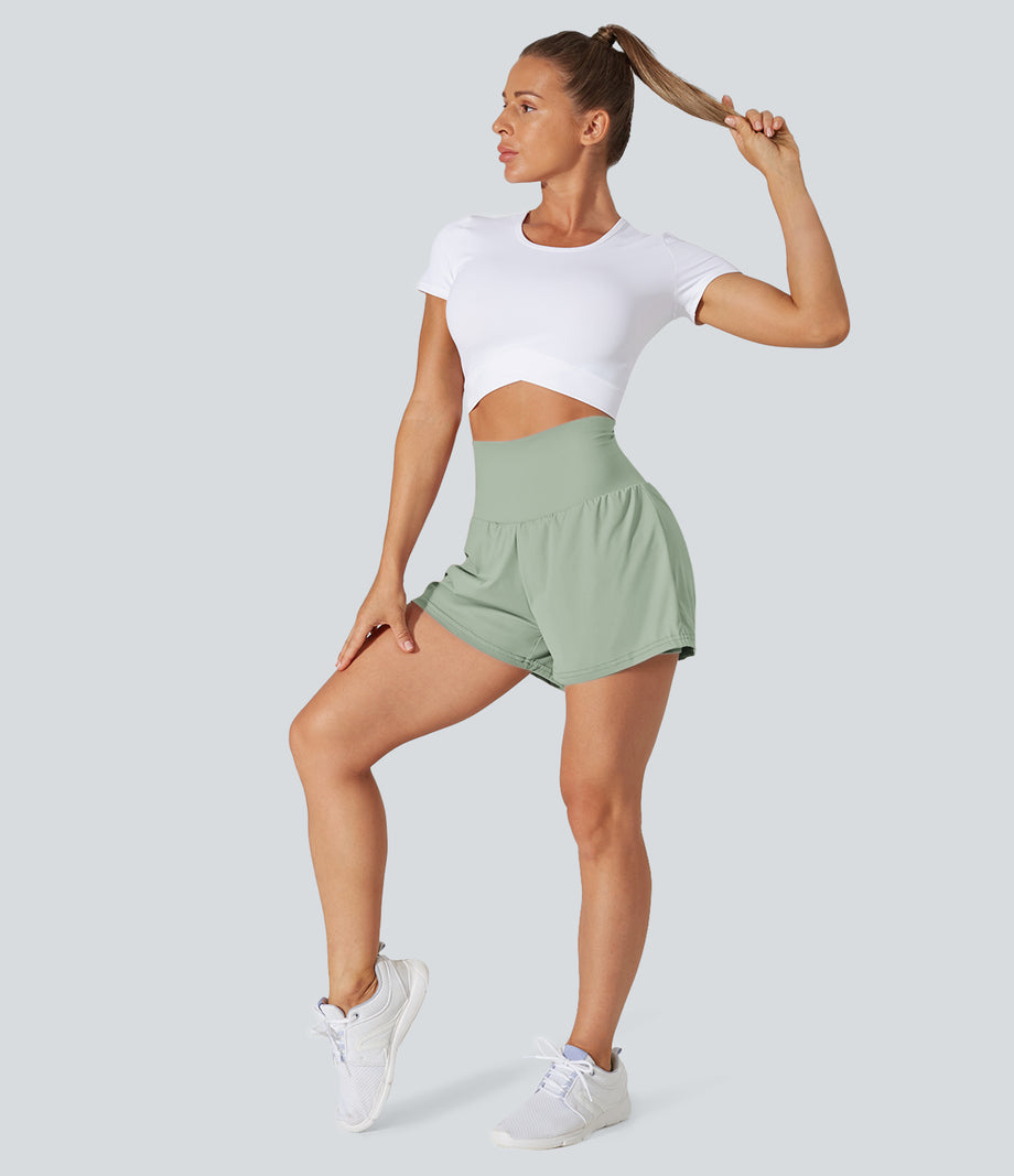 SoftlyZero™ Airy Super High Waisted 2-in-1 Cool Touch Yoga Shorts with Pockets - Light Bean Green