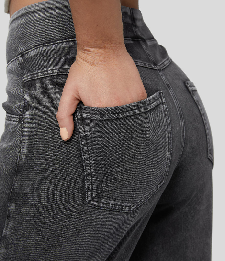Halara Flex™ High Waisted Pockets Wide Leg Loose Work Jeans - Hemp Rope Black Denim